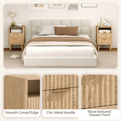 Modern Nightstands Set Of 2, Charging Station, 2 Drawers, Open Shelf, Oak Bedside Tables at Gallery Canada