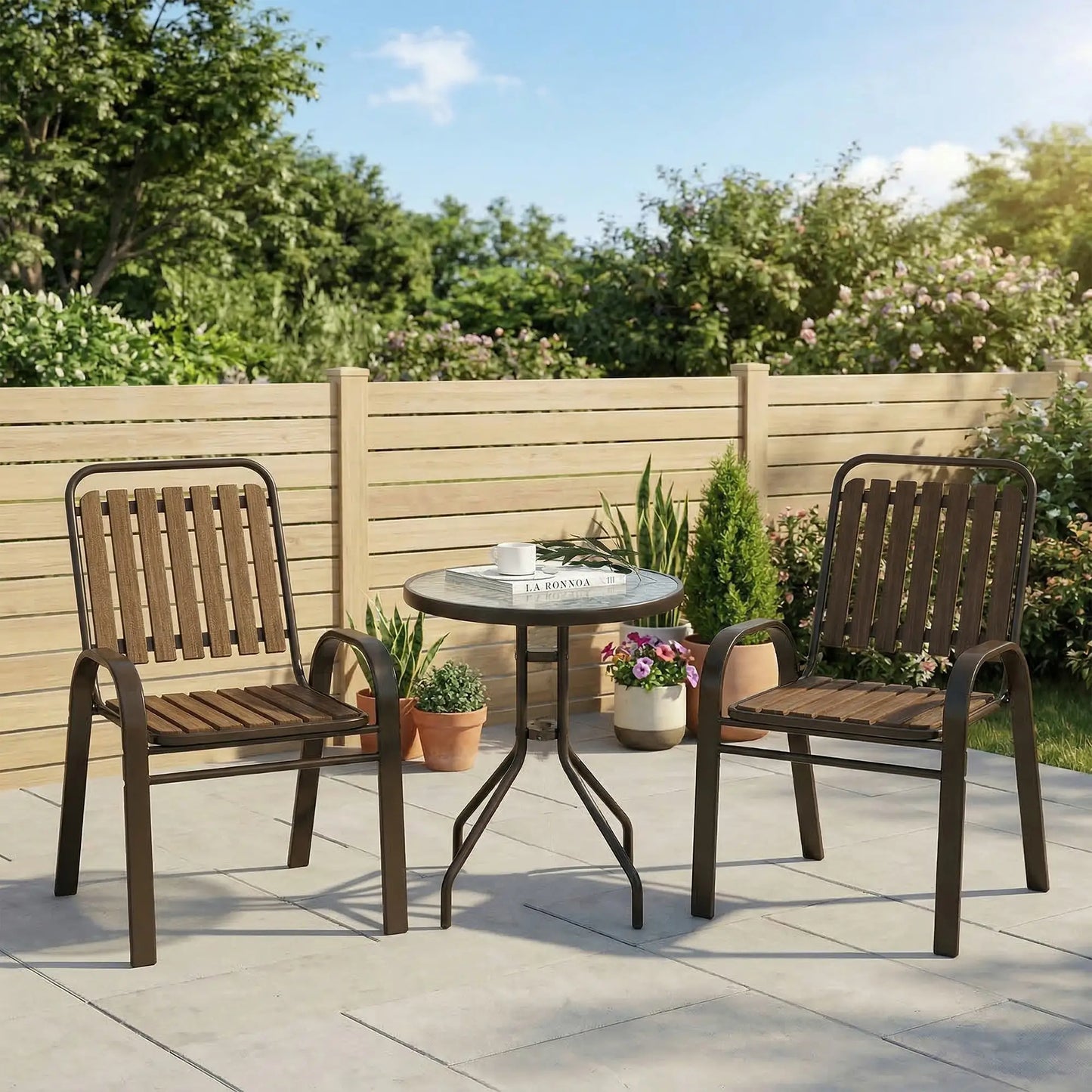 3pc Patio Bistro Set, 2 Stackable Chairs with Glass Table, Outdoor, Dark Brown Bistro Sets at Gallery Canada