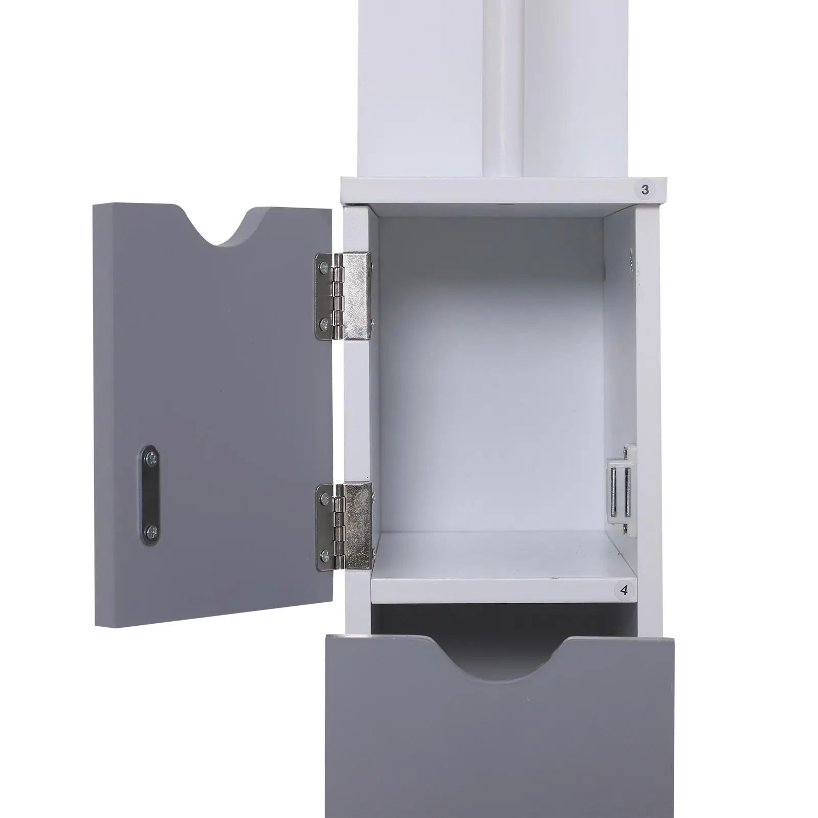 Tall Narrow Bathroom Storage Cabinet with Drawers, Open Shelves, White Grey Bathroom Cabinets at Gallery Canada