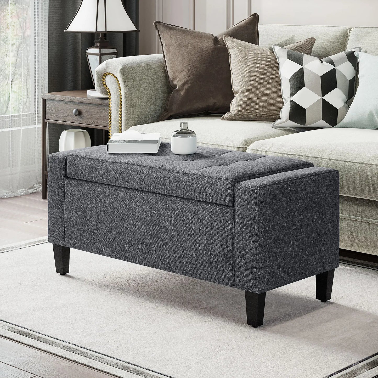 Storage Ottoman Bench, Linen Upholstered, Tufted Design Storage Ottomans & Benches at Gallery Canada