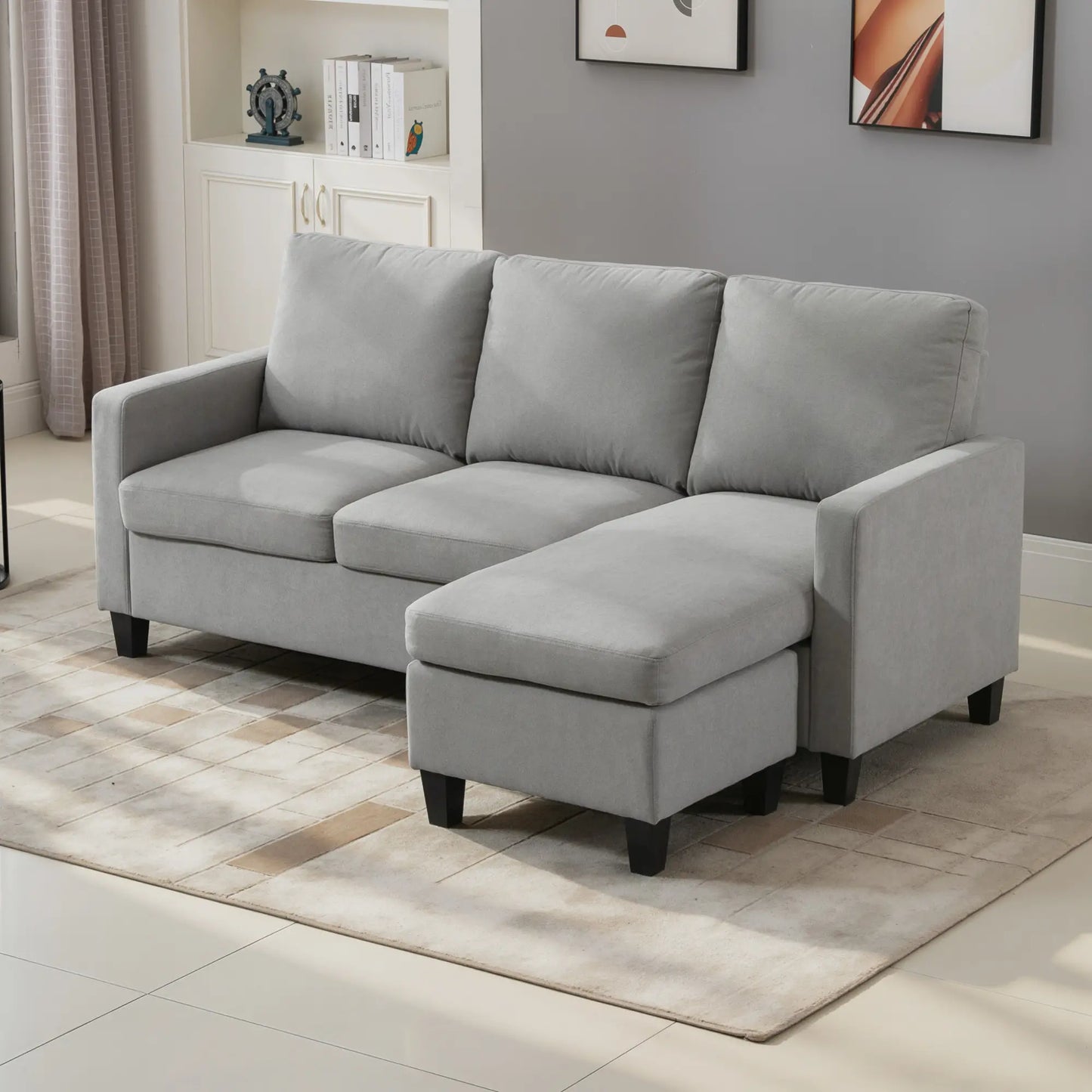 L-Shape Sectional Sofa with Ottoman, Modern Living Room Couch, Light Grey
