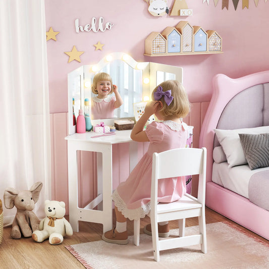 Kids Vanity Table and Chair Set with Lights, Tri-Fold Mirror, White Kids Bedroom Furniture White, Pink at Gallery Canada