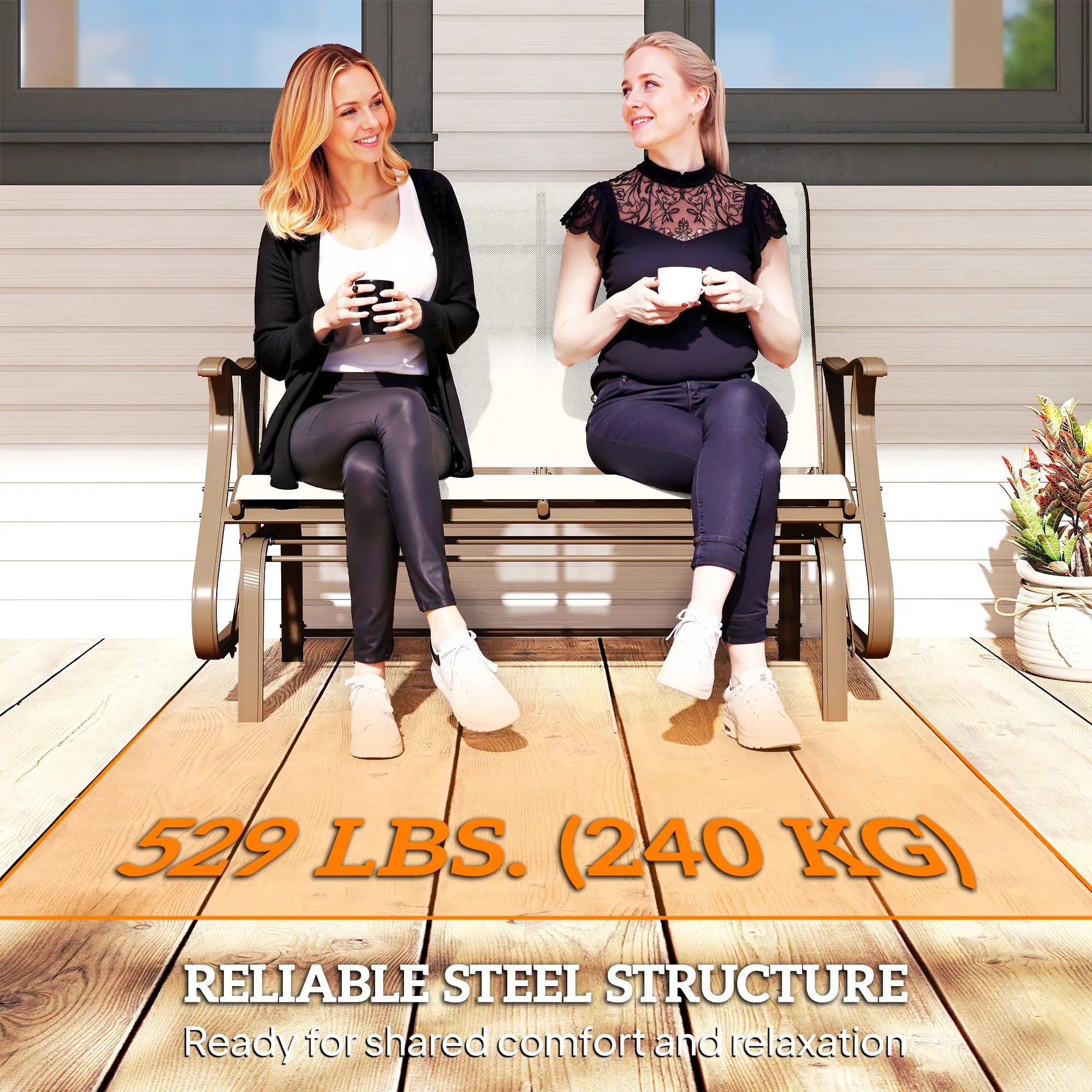 Double Gliding Chair, Patio Glider, Outdoor Mesh Seat, Steel Frame, Cream White Outdoor Gliders at Gallery Canada