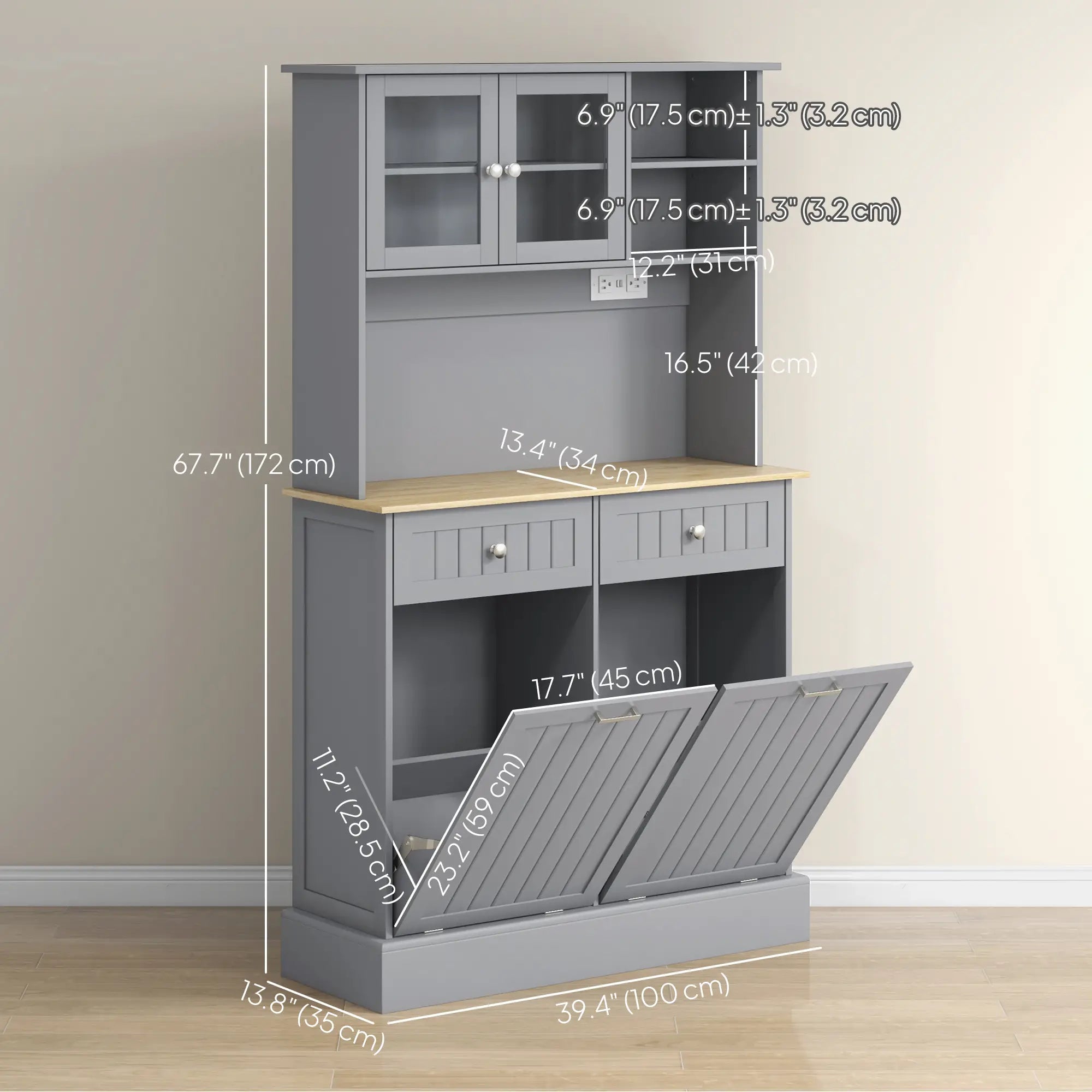 Kitchen Cabinet with Charging Station, 2 Tilt Out Cabinets, Microwave Stand, Grey Kitchen Pantry Cabinets at Gallery Canada