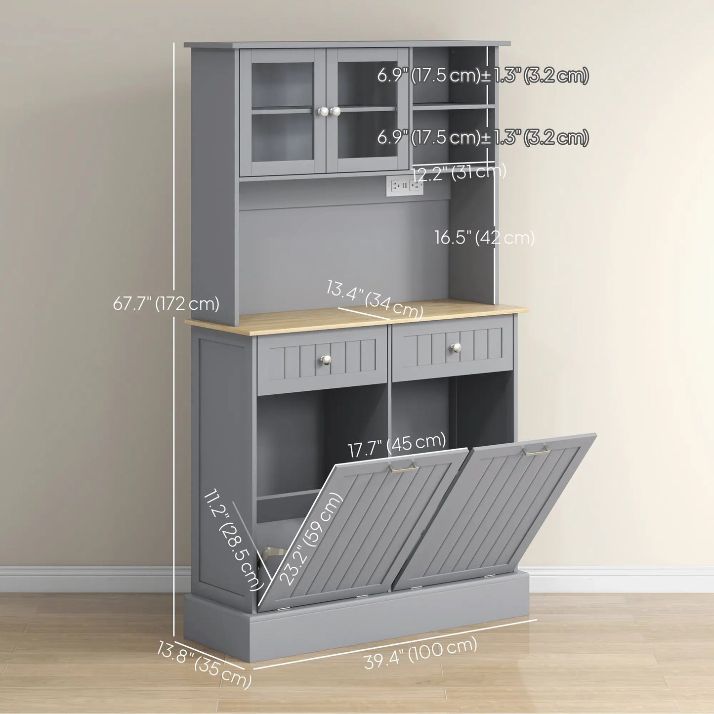 Kitchen Cabinet with Charging Station, 2 Tilt Out Cabinets, Microwave Stand, Grey Kitchen Pantry Cabinets at Gallery Canada