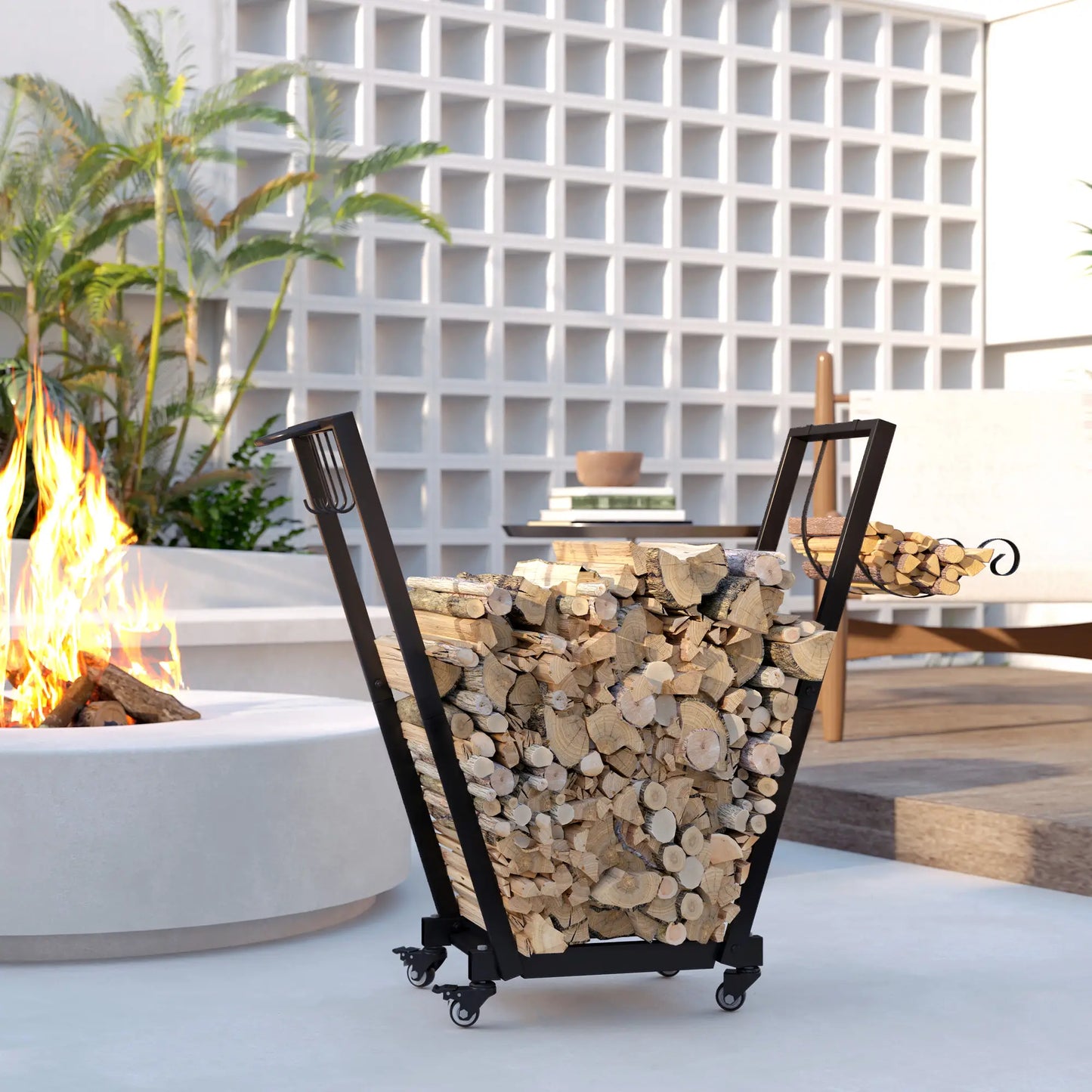 31 Inch Firewood Rack, Heavy Duty with Swivel Casters, Indoor Outdoor, Black Firewood Racks at Gallery Canada