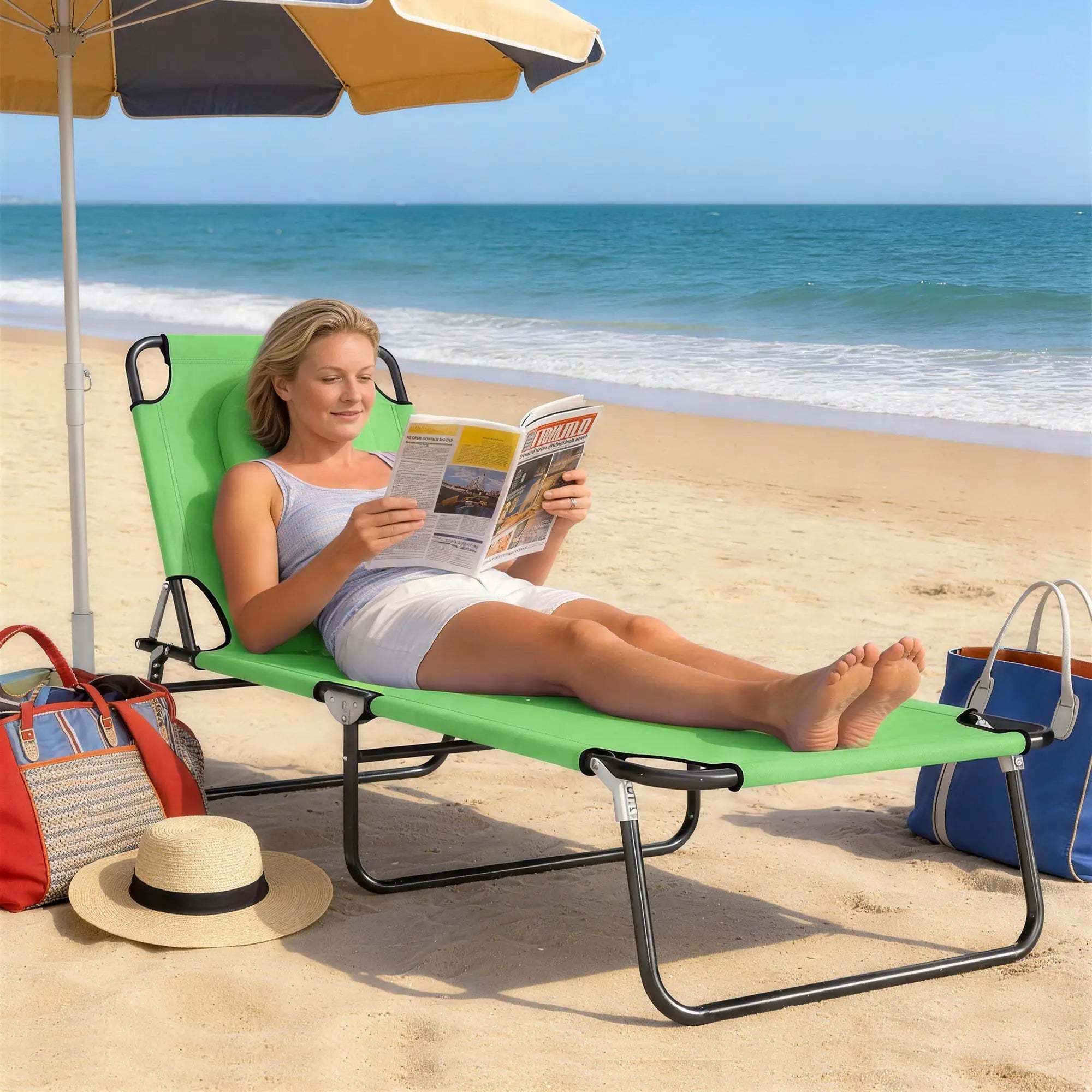 Adjustable Outdoor Lounge Chair, Folding Chaise with Face Hole, Green Lounger Chairs at Gallery Canada