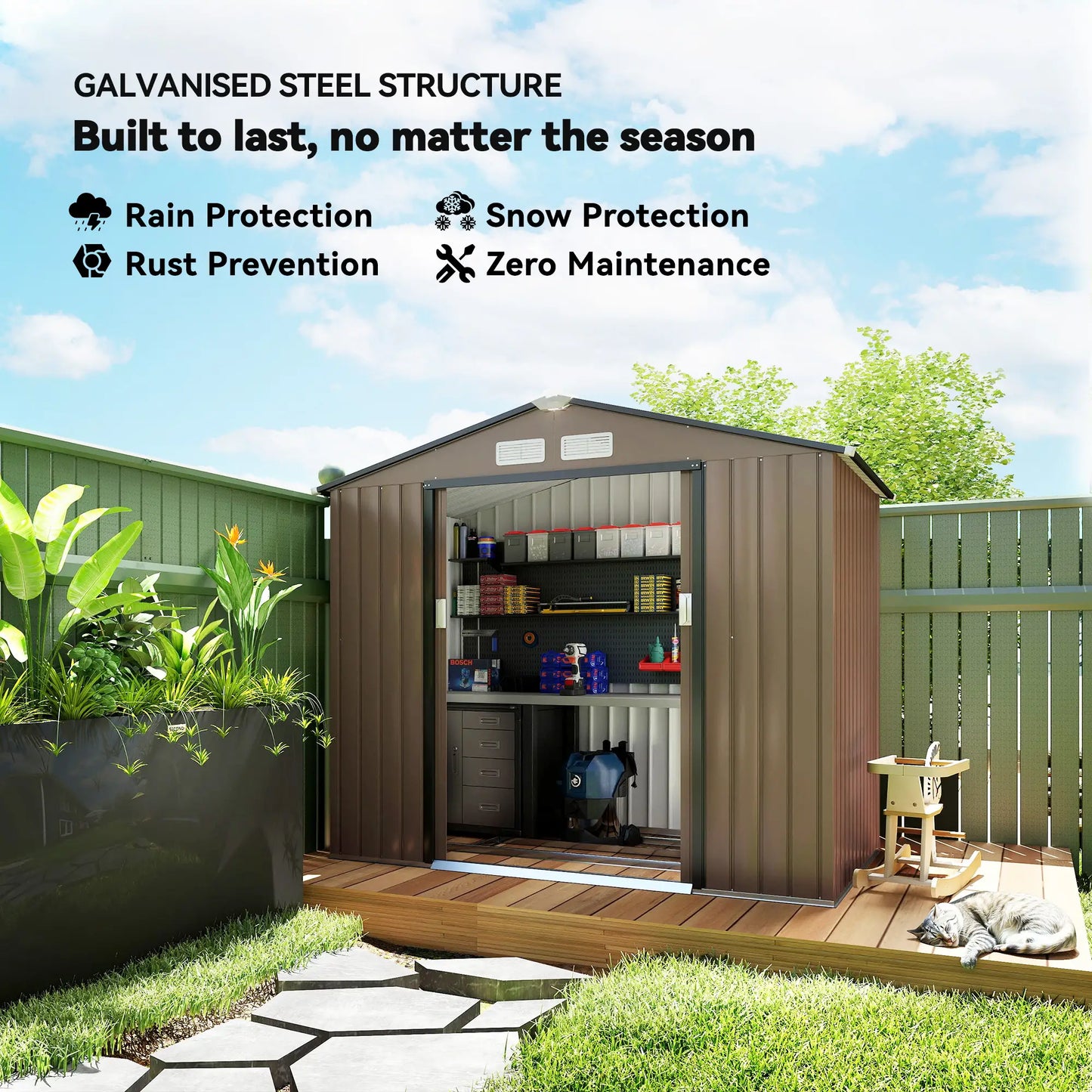 7' x 4' x 6' Garden Storage Shed, Metal, Double Doors, Brown Sheds at Gallery Canada