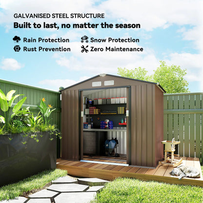 7' x 4' x 6' Garden Storage Shed, Metal, Double Doors, Brown Sheds at Gallery Canada