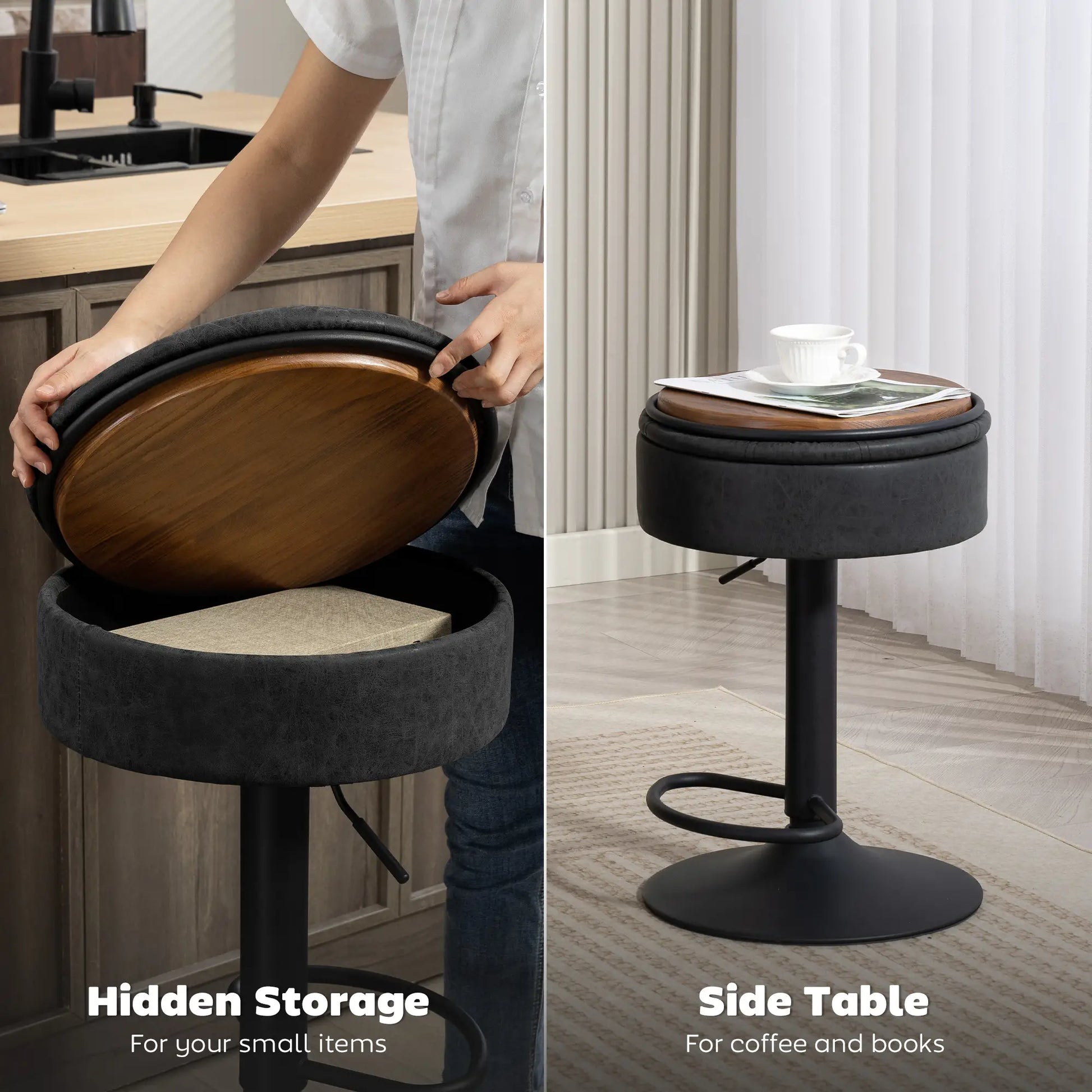 Set of 2 Barstools with Storage, Swivel, PU Leather, Footrest, Steel Base, Black Bar Stools at Gallery Canada