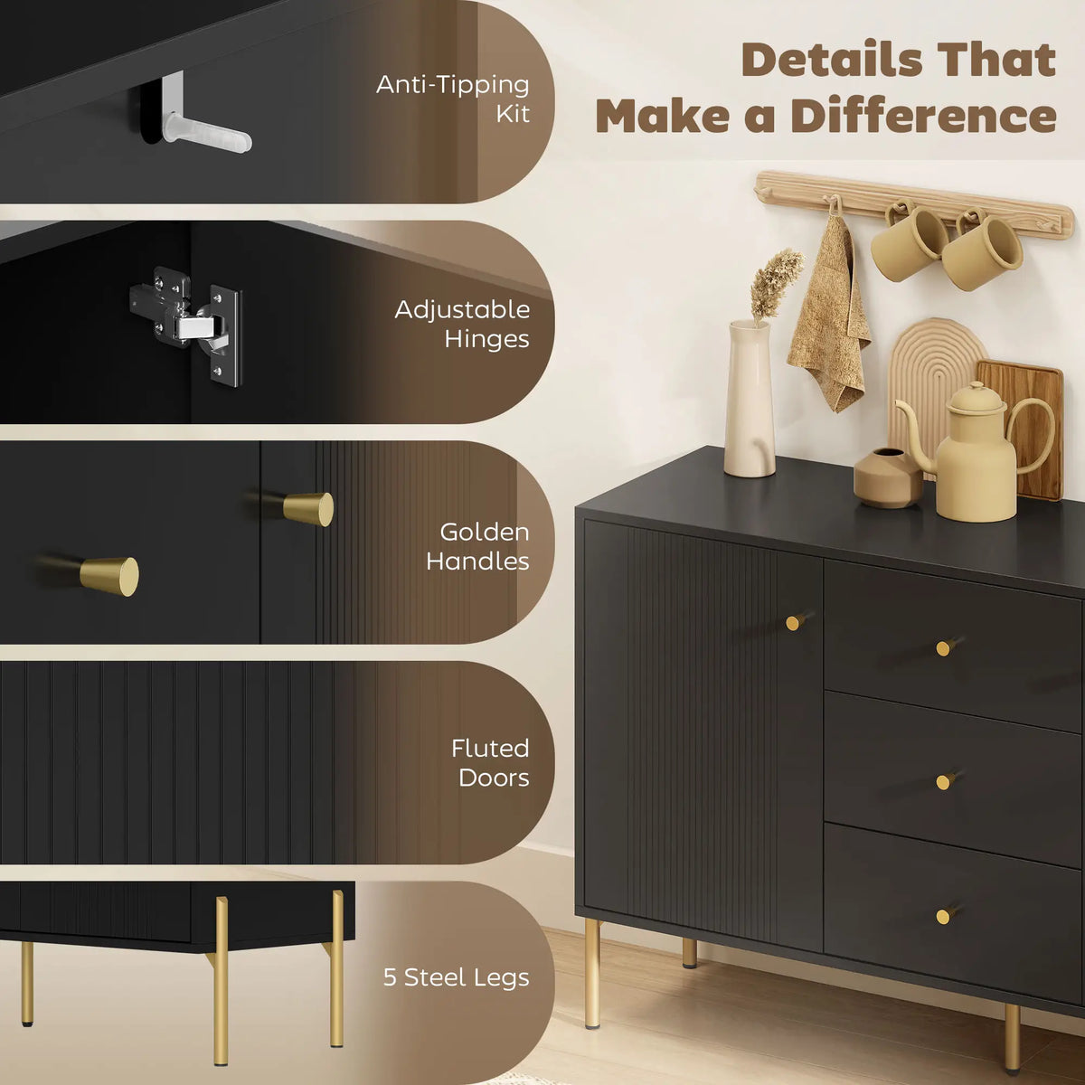 Buffet Cabinet, Modern Sideboard with 3 Drawers and 2 Shelves, Black