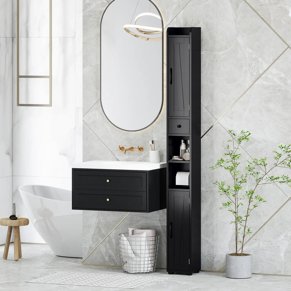 Armoire de salle de bain étroite, grand rangement avec portes de grange, grain de bois, noir
