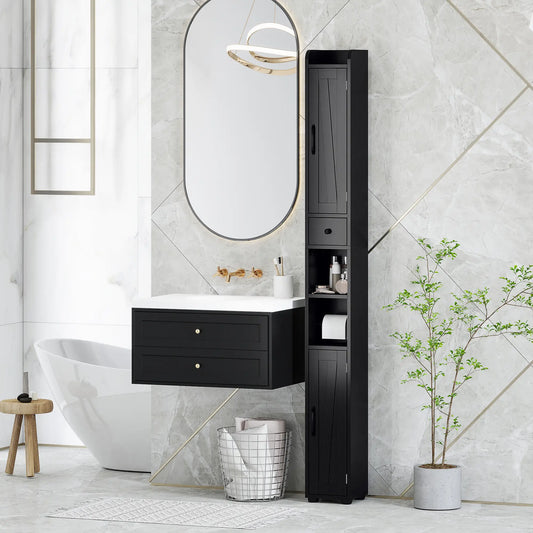 Narrow Bathroom Cabinet, Tall Storage with Barn Doors, Wood Grain, Black Bathroom Cabinets Black Wood Grain at Gallery Canada
