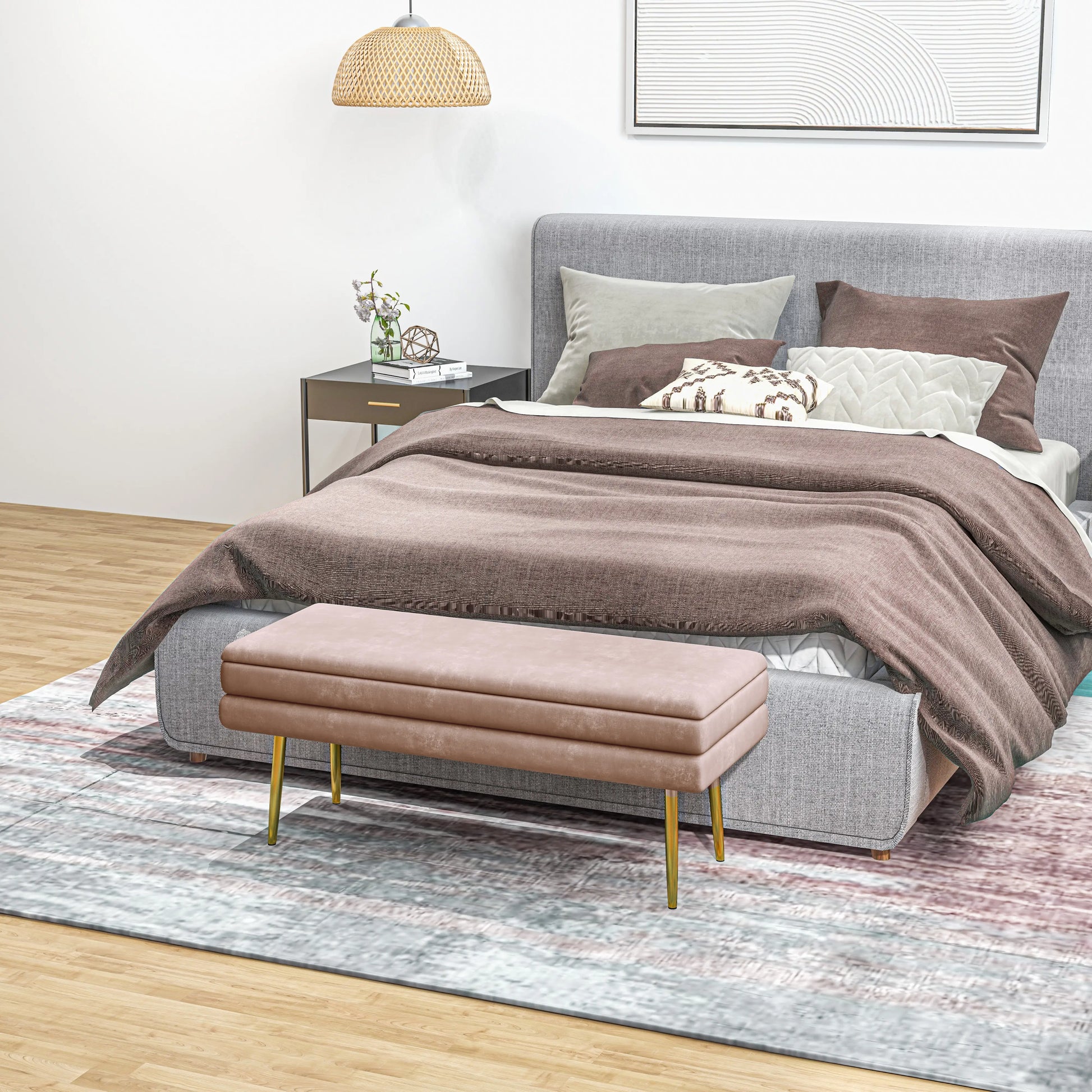 Velvet Upholstered Bench, Thick Padded Seat, Steel Legs, Pink Storage Ottomans & Benches at Gallery Canada