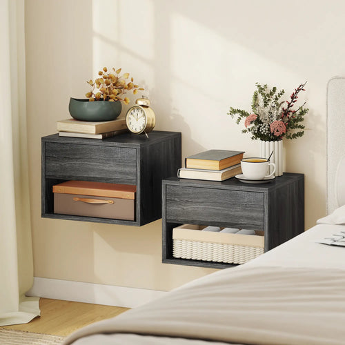 Floating Nightstand Set Of 2, Wall Mounted Bedside Table With Drawer, Grey