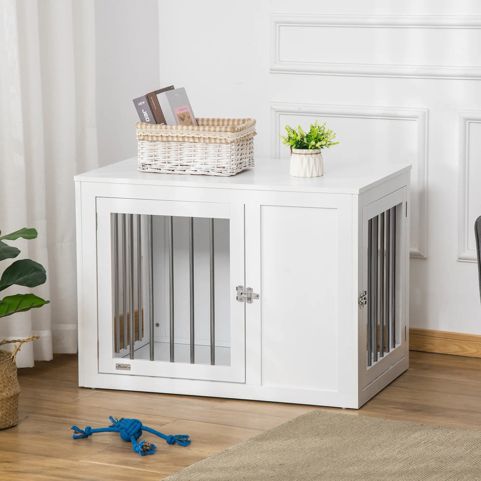 2-in-1 Dog Cage and Side Table, Two Lockable Doors, Medium Size, White Houses, Kennels & Pens at Gallery Canada