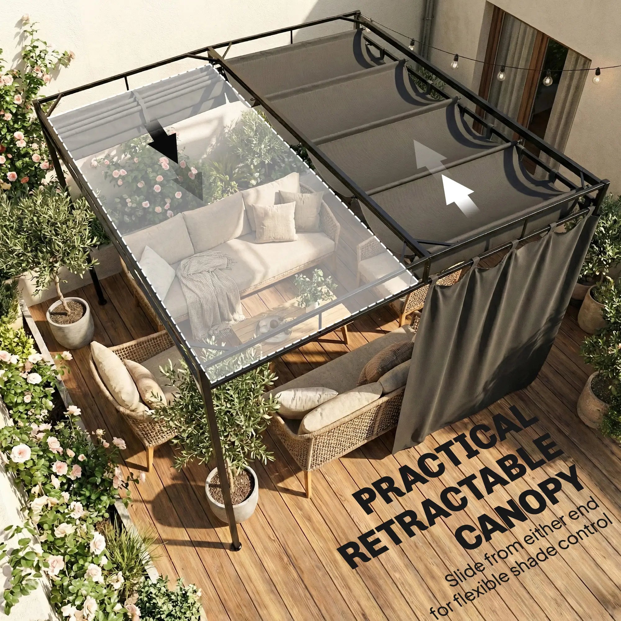 10' x 10' Retractable Pergola Canopy, Metal Garden Gazebo Sun Shade Pergolas at Gallery Canada