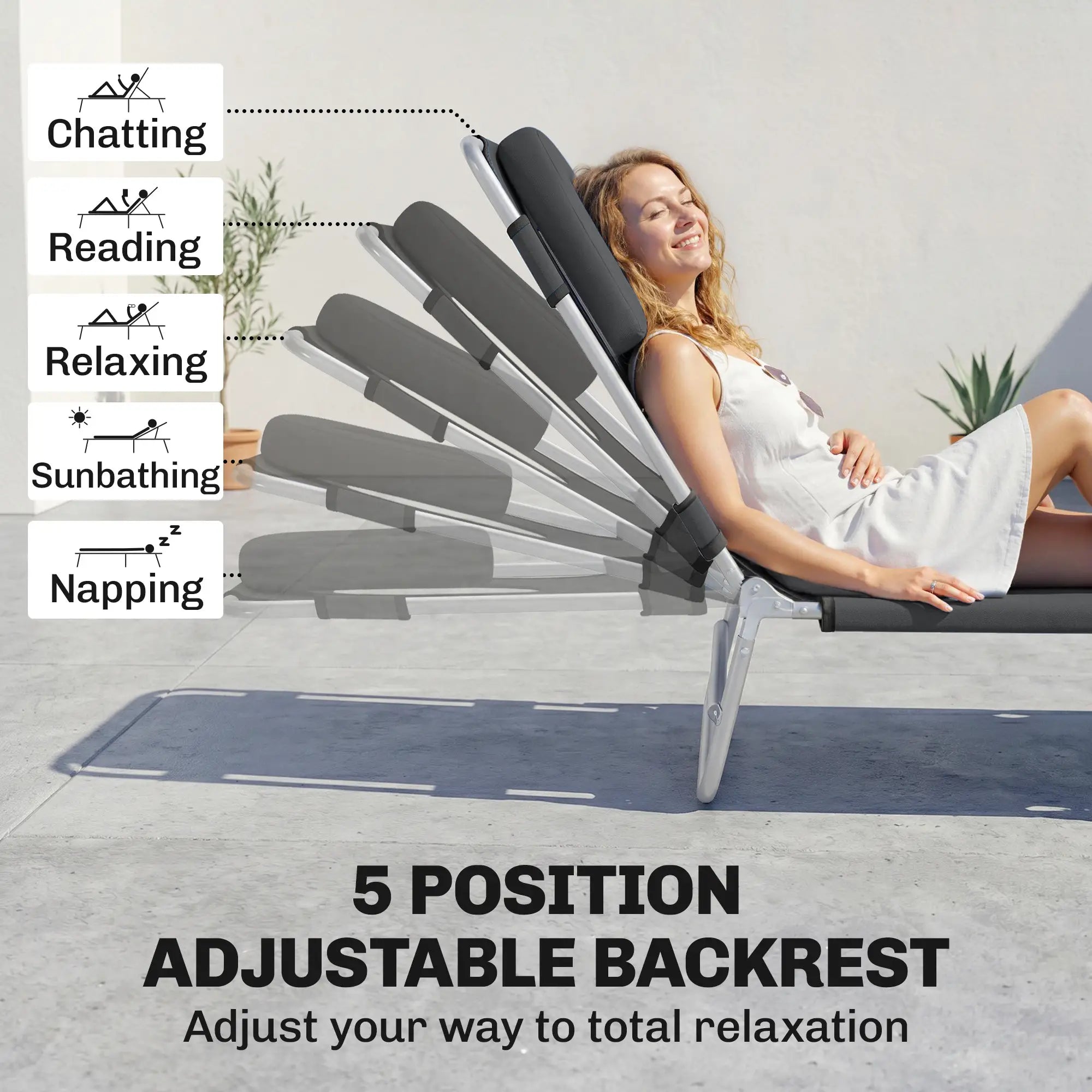 Adjustable Folding Chaise Lounge, Outdoor Tanning Chair, Black Lounger Chairs at Gallery Canada