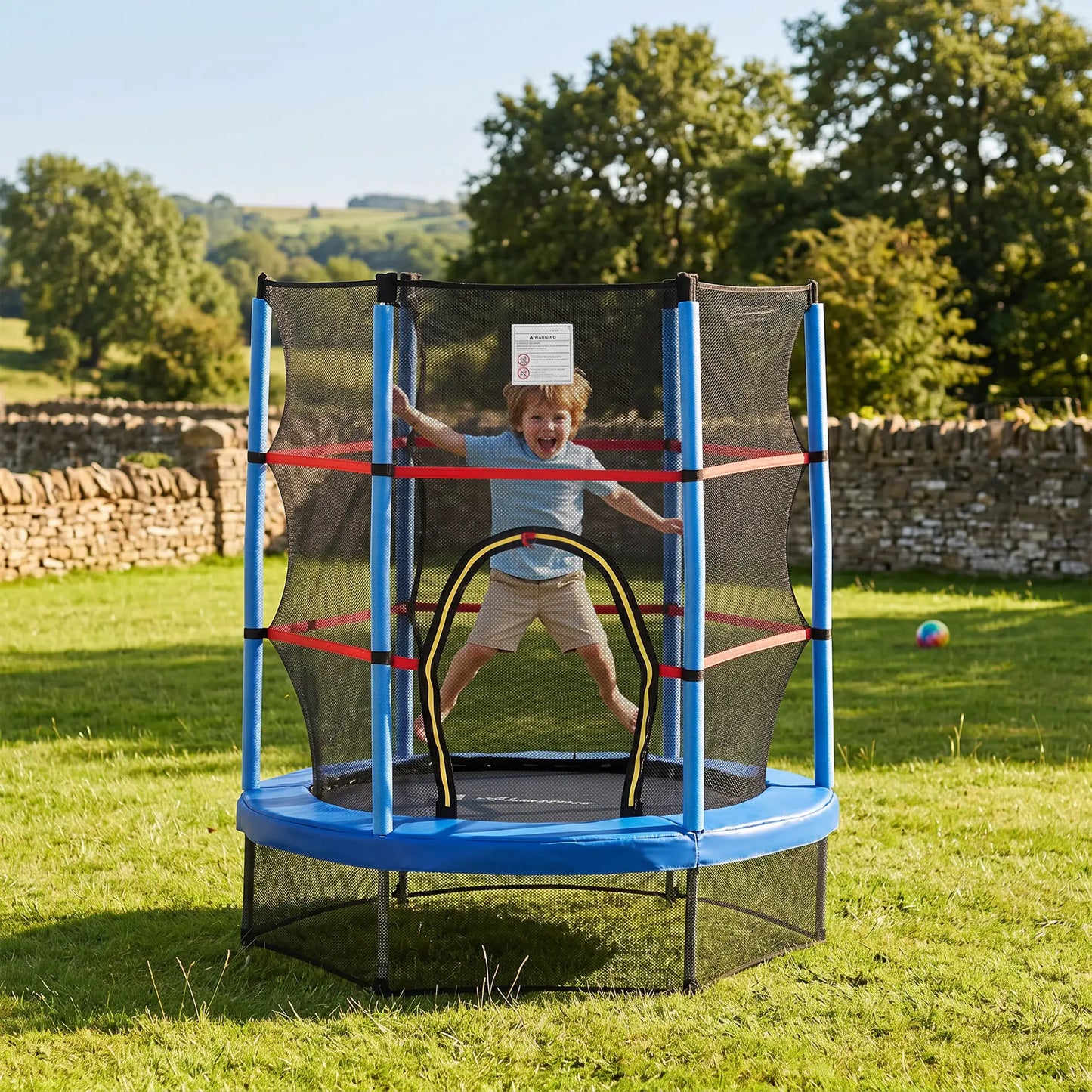 55" Kids Trampoline with Enclosure Net, Indoor/Outdoor, Age 3-6, Blue Trampolines at Gallery Canada