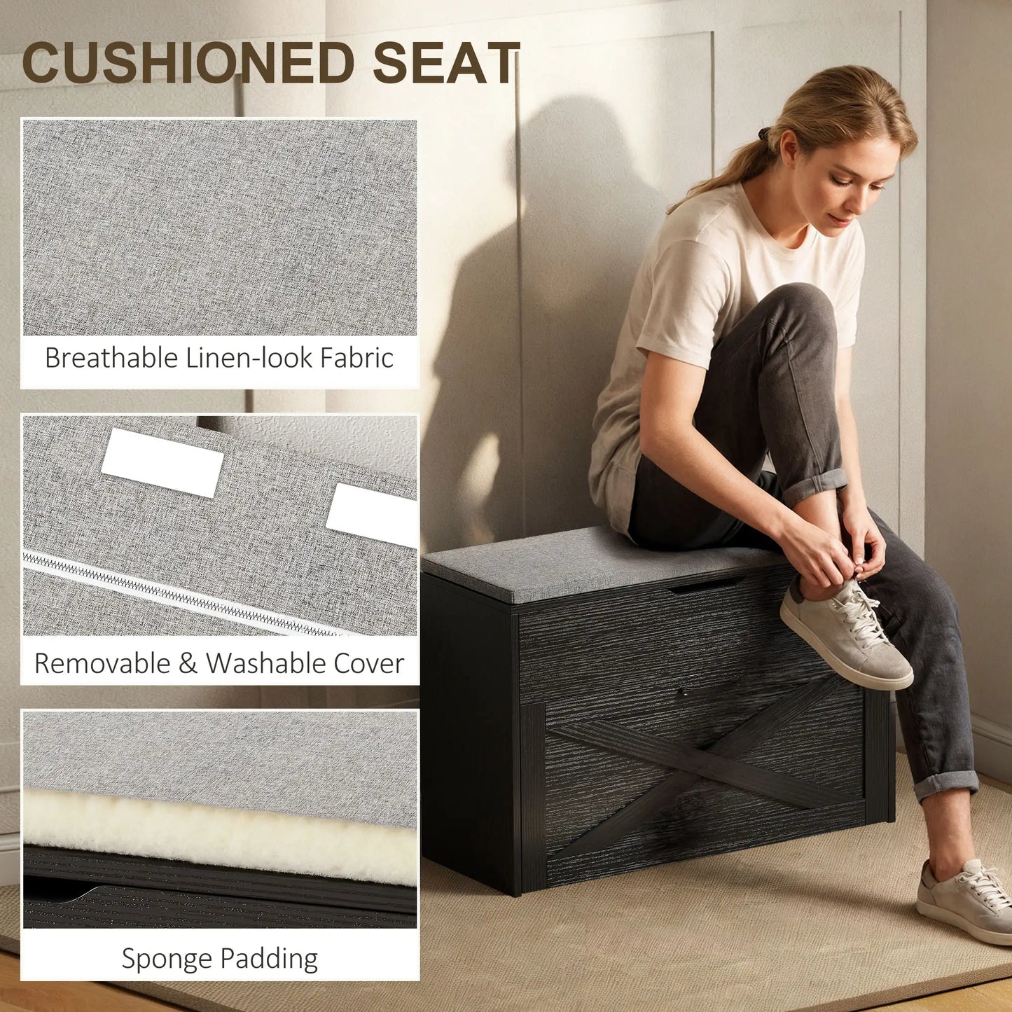 Shoe Storage Bench with Flip Drawer, Lift Top, Seat Cushion, Black Shoe Storage Cabinets & Racks at Gallery Canada