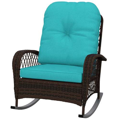 Outdoor Wicker Rattan Rocking Chair, Thick Cushions, Turquoise