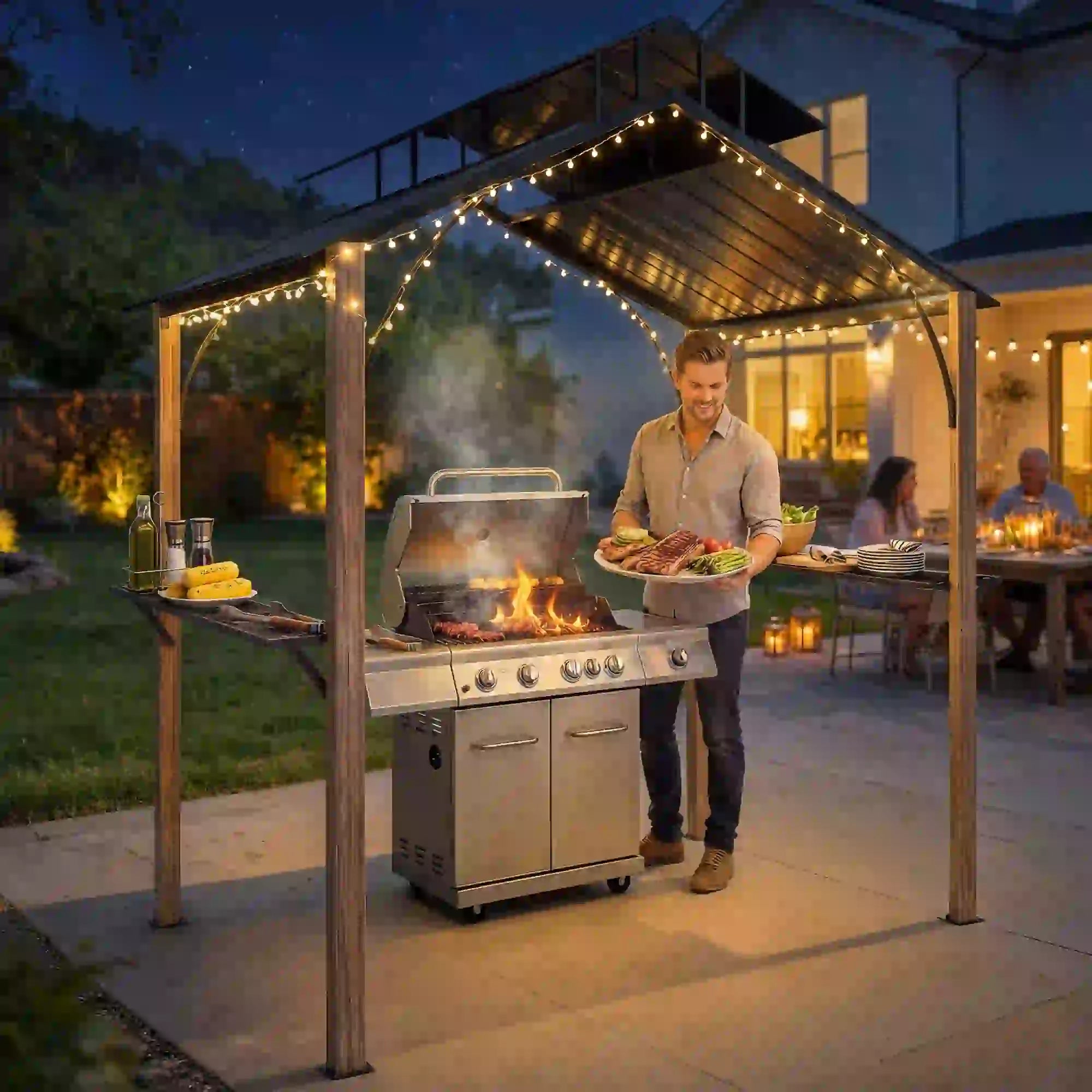8 x 6ft Hardtop Grill Gazebo, Metal Double Roof, Wood-Grain Aluminum Frame BBQ Grill Gazebos at Gallery Canada