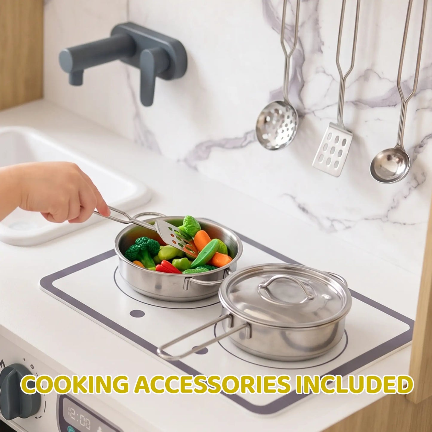2-In-1 Kids Kitchen Playset, Table & Chair with Sink, Oven, Microwave, 3-8
