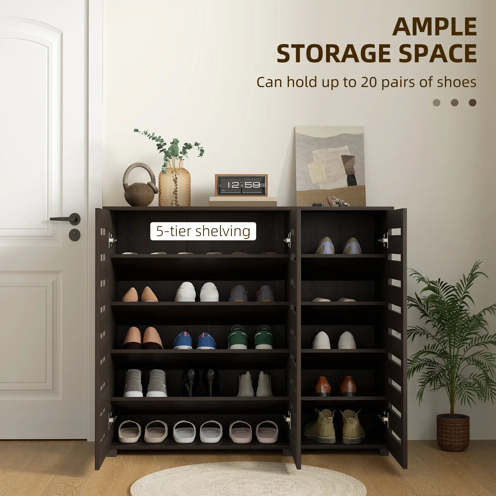 Narrow Shoe Cabinet, Slatted Doors, Adjustable Shelves, 20 Pairs, Dark Brown Shoe Storage Cabinets & Racks at Gallery Canada