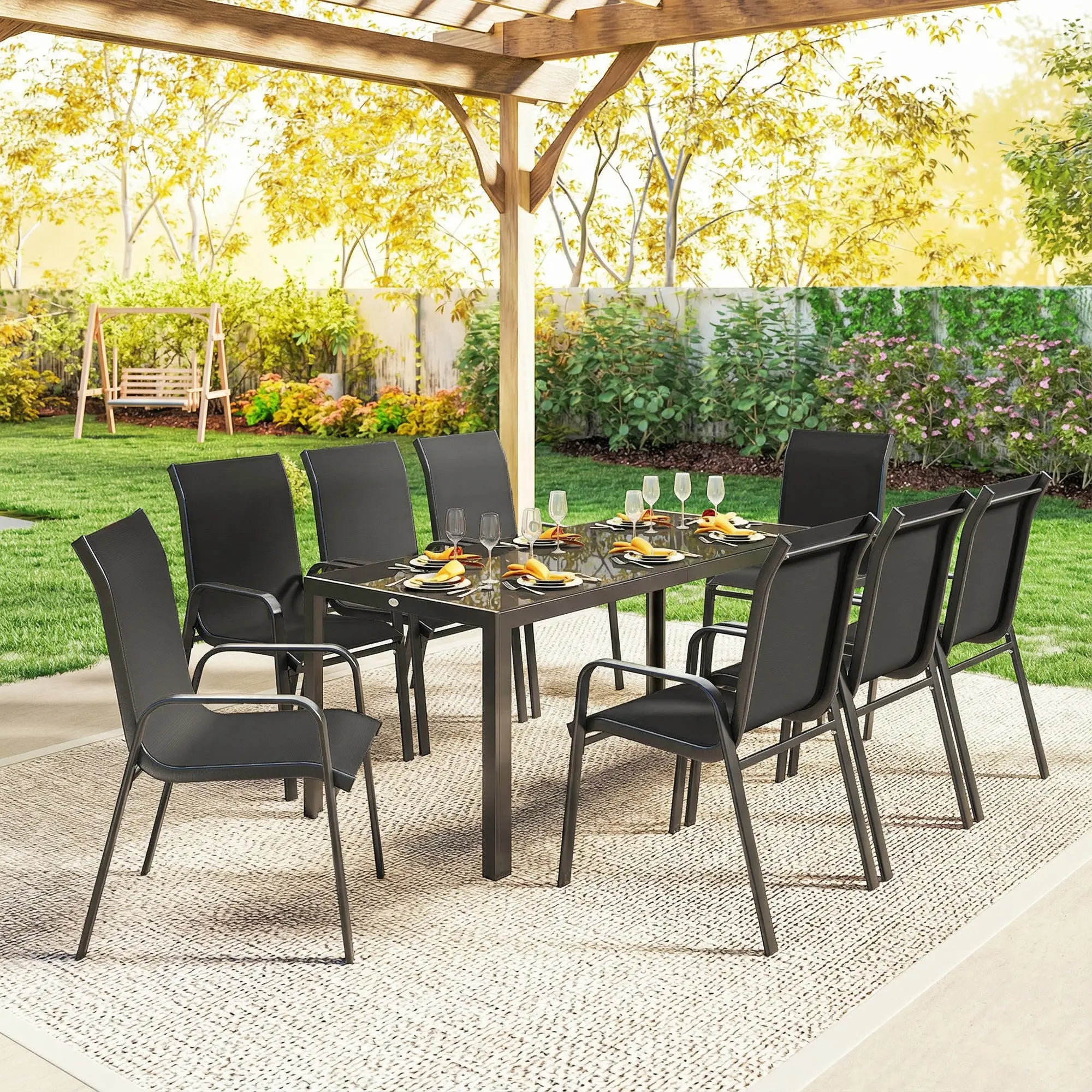 9 Piece Patio Set, Stackable Chairs, Glass Top, Black Outdoor Dining Sets at Gallery Canada