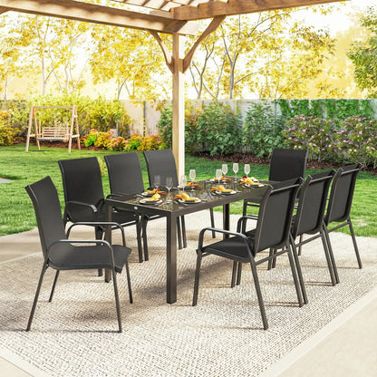 9 Piece Patio Set, Stackable Chairs, Glass Top, Black Outdoor Dining Sets at Gallery Canada