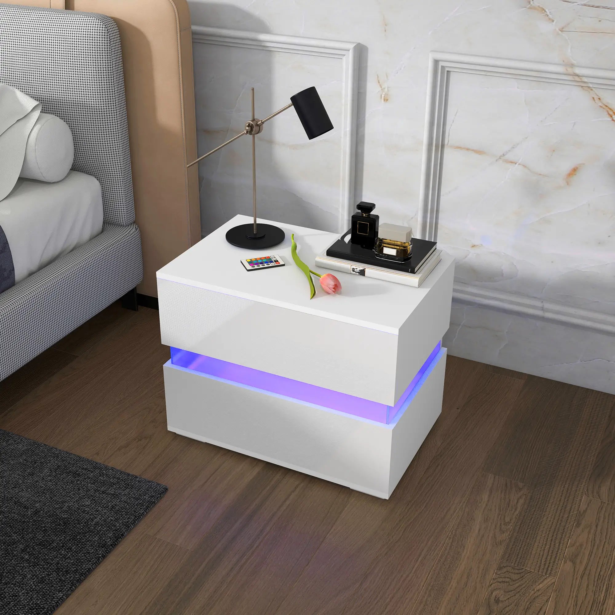 Modern Nightstand, 2 Drawers, USB RGB LED Lights, Remote, White Bedside Tables at Gallery Canada