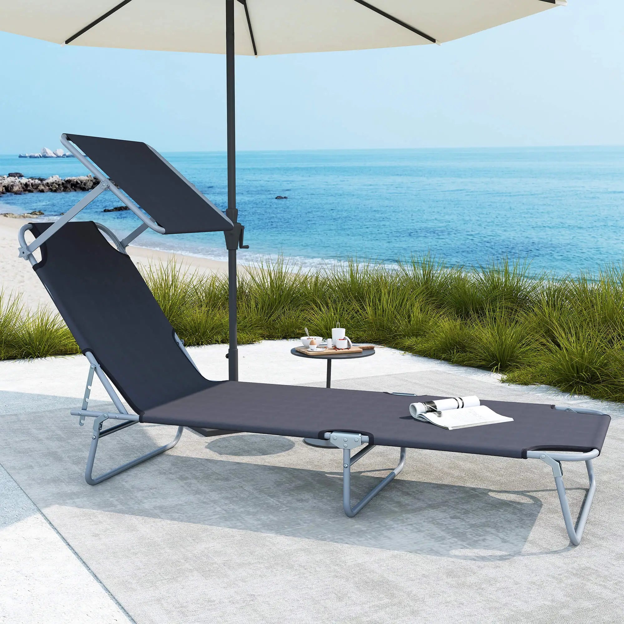 Outdoor Lounge Chair, Adjustable Folding Chaise, Tanning Chair with Shade, Grey Lounger Chairs at Gallery Canada