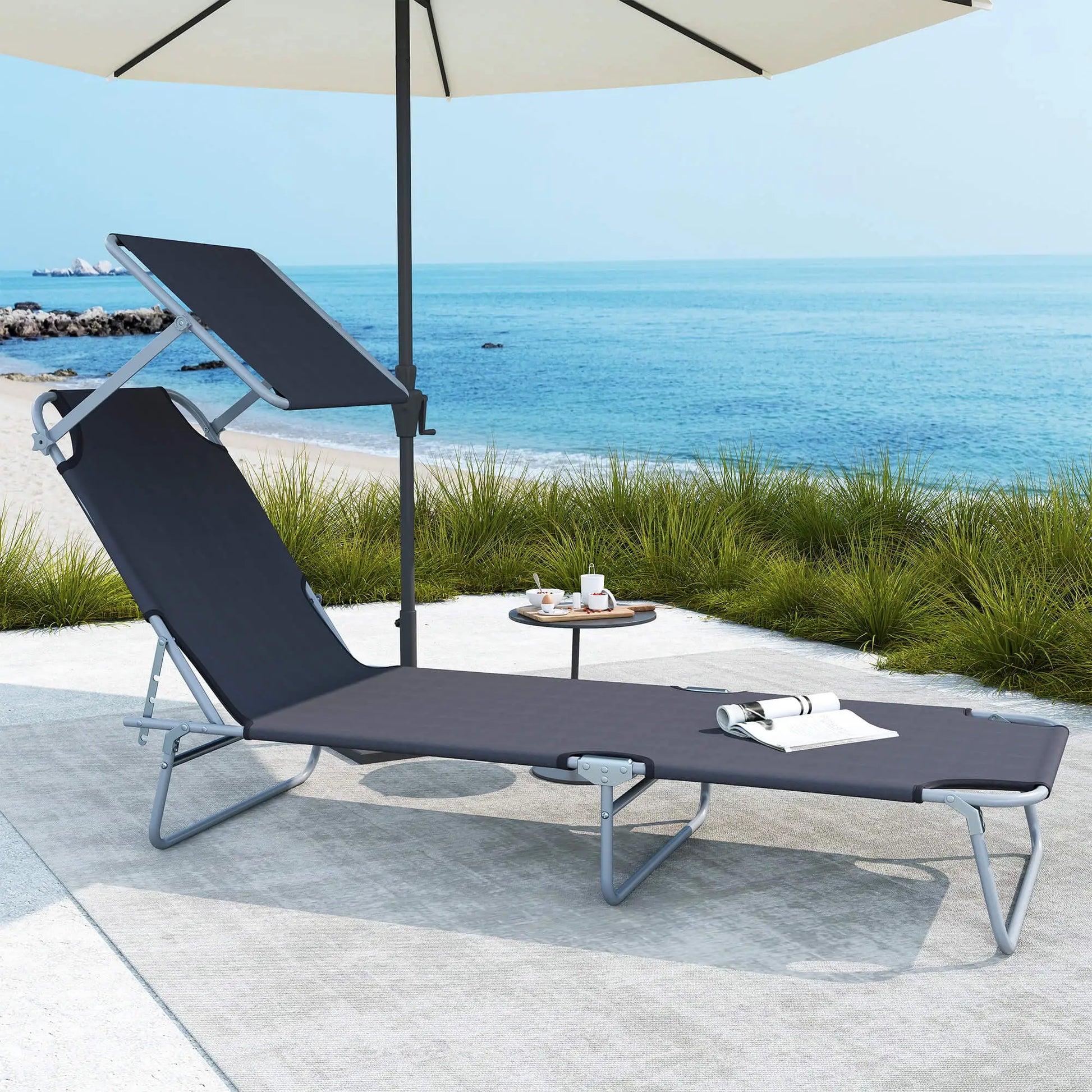 Outdoor Lounge Chair, Adjustable Folding Chaise, Tanning Chair with Shade, Grey Lounger Chairs at Gallery Canada