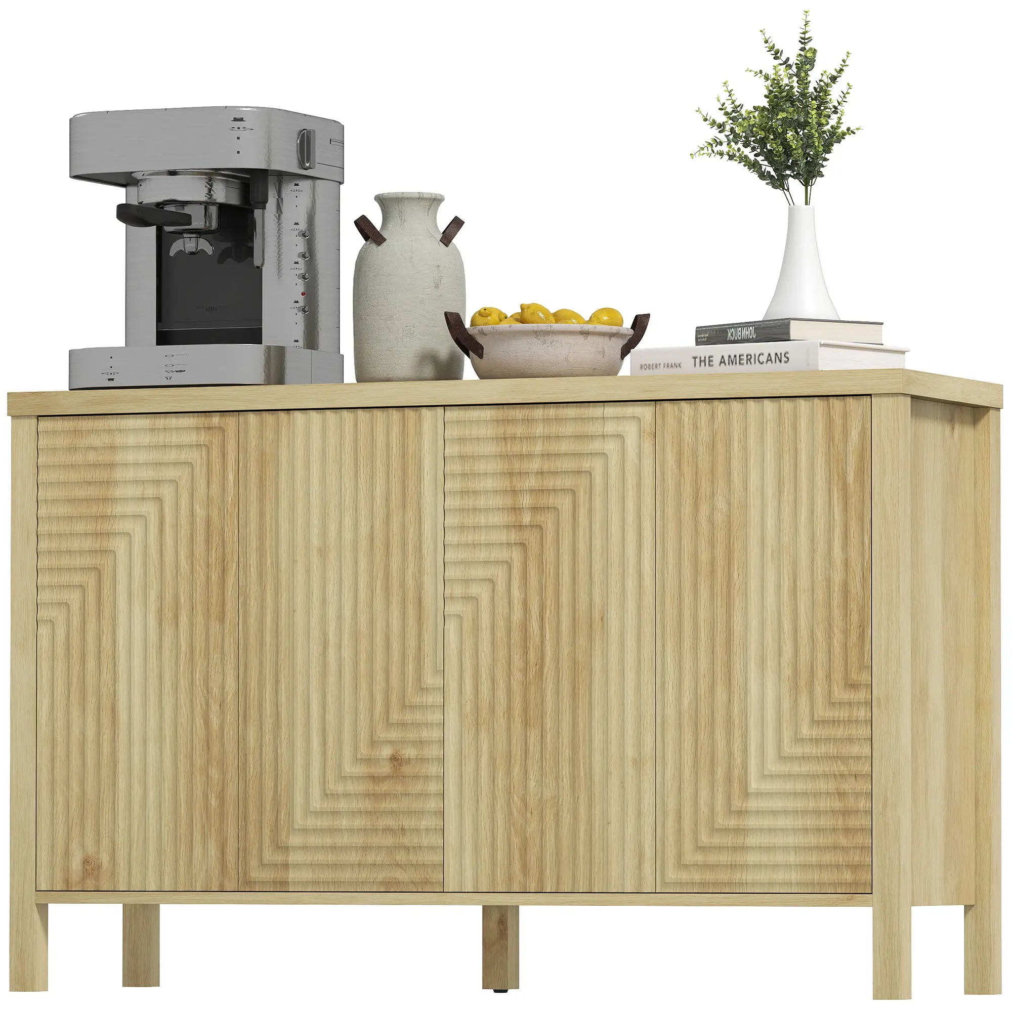 47 Inch Buffet Cabinet, Fluted Sideboard, Push Open, 2 Shelves, 4 Doors, Natural Bar Cabinets Natural at Gallery Canada