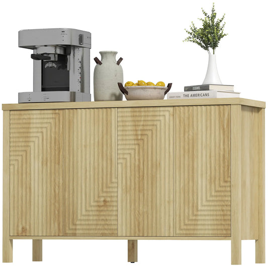 47 Inch Buffet Cabinet, Fluted Sideboard, Push Open, 2 Shelves, 4 Doors, Natural
