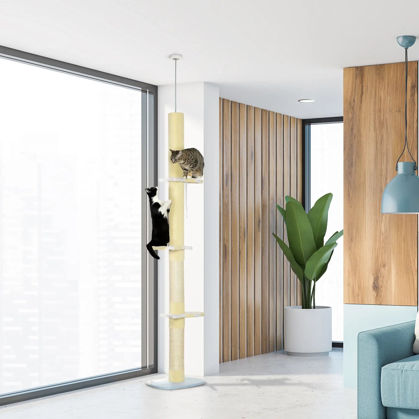 87"-102" Cat Tree, Sisal Scratching Posts, Anti-Tip Kit, Yellow Floor to Ceiling Cat Trees at Gallery Canada