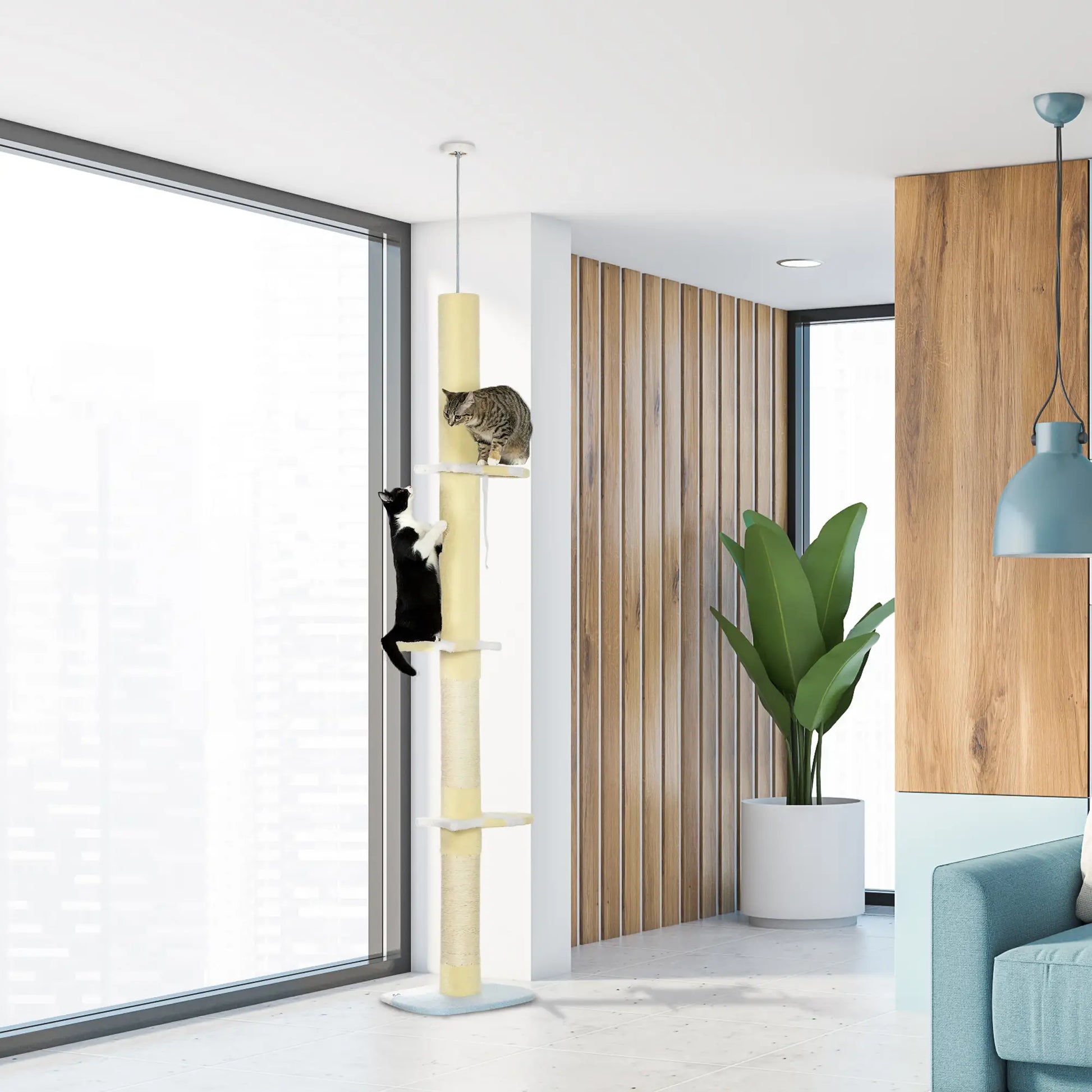 87"-102" Cat Tree, Sisal Scratching Posts, Anti-Tip Kit, Yellow Floor to Ceiling Cat Trees at Gallery Canada