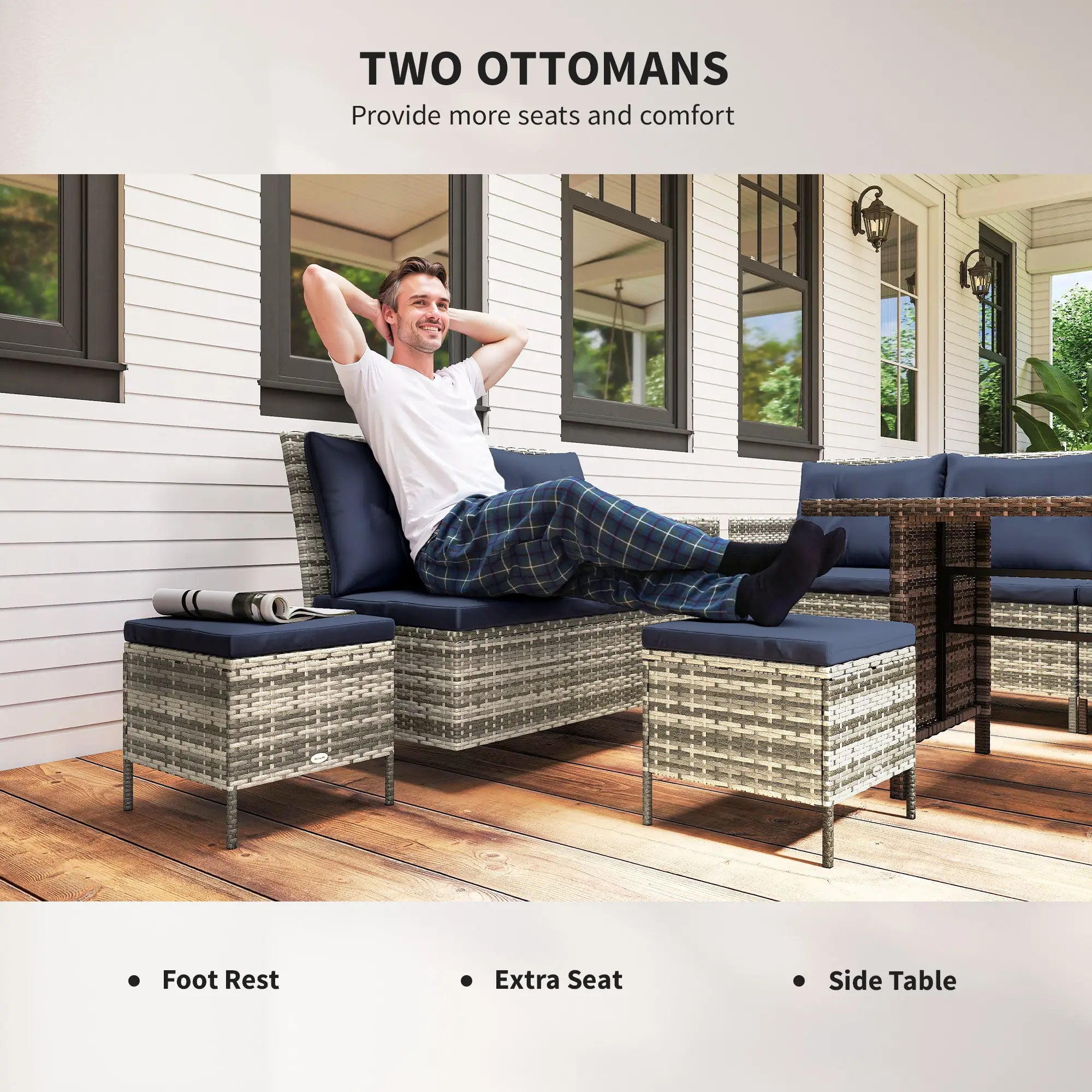 6pcs Outdoor Rattan Sofa Set, Wicker Sectional Couch, Dining Table, Sky Blue Patio Furniture Sets at Gallery Canada