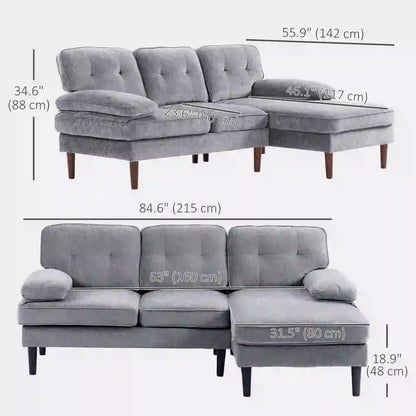 Modern Corner Couch with Right Chaise Lounge, Tufted 3-Seater Sofa with Wooden Legs for Living Room, Grey