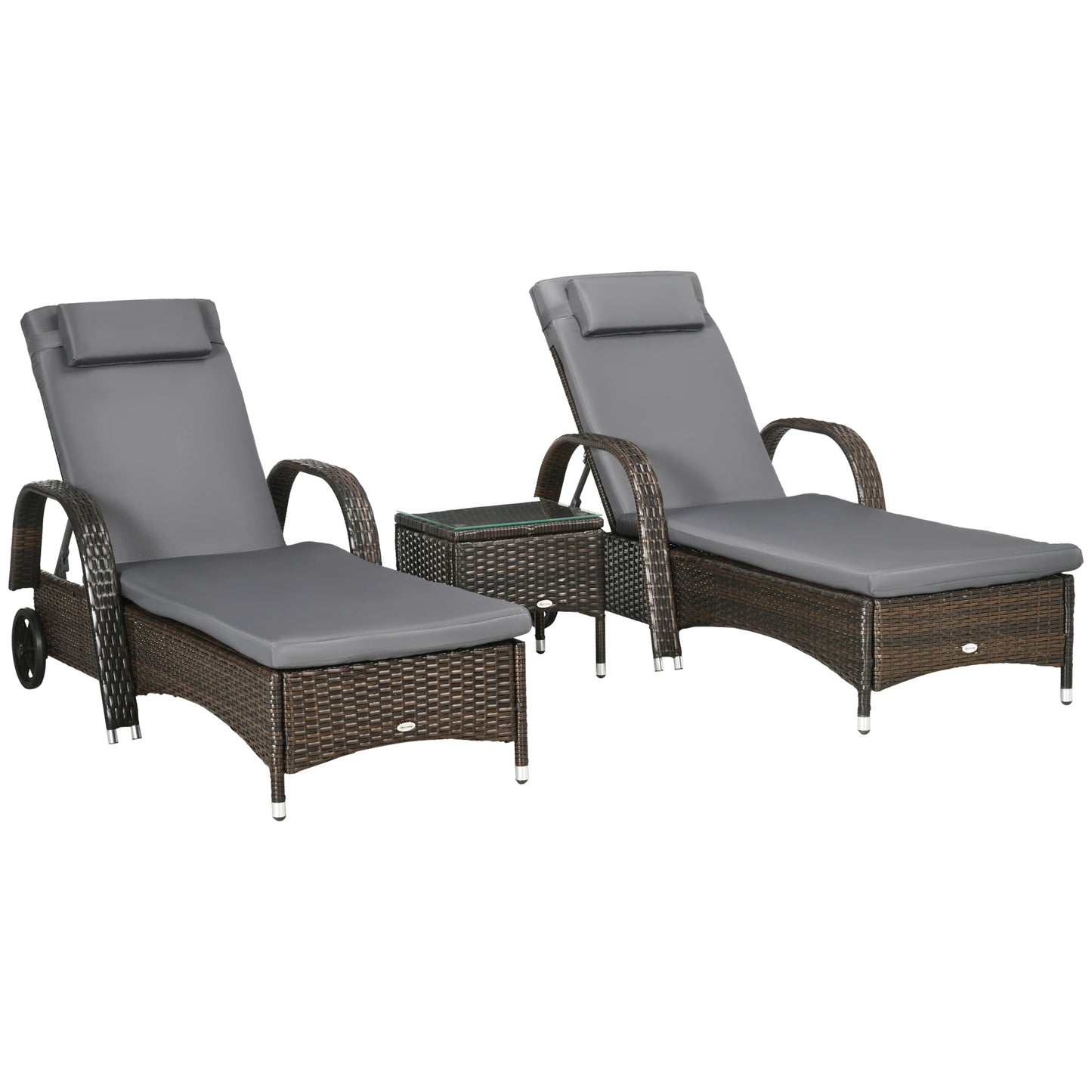 3-Piece Wicker Patio Lounger Set, PE Rattan, Brown/Dark Grey Chaise Loungers Brown Rattan, Grey Cushion at Gallery Canada