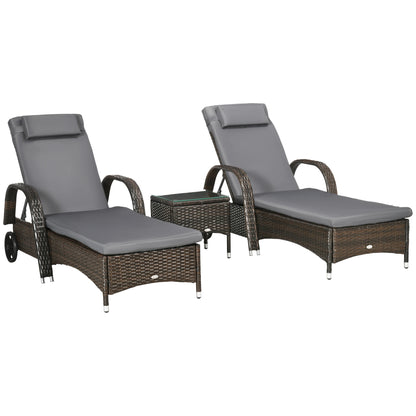 3-Piece Wicker Patio Lounger Set, PE Rattan, Brown/Dark Grey Chaise Loungers Brown Rattan, Grey Cushion at Gallery Canada