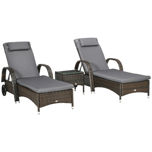 3-Piece Wicker Patio Lounger Set, PE Rattan, Brown/Dark Grey
