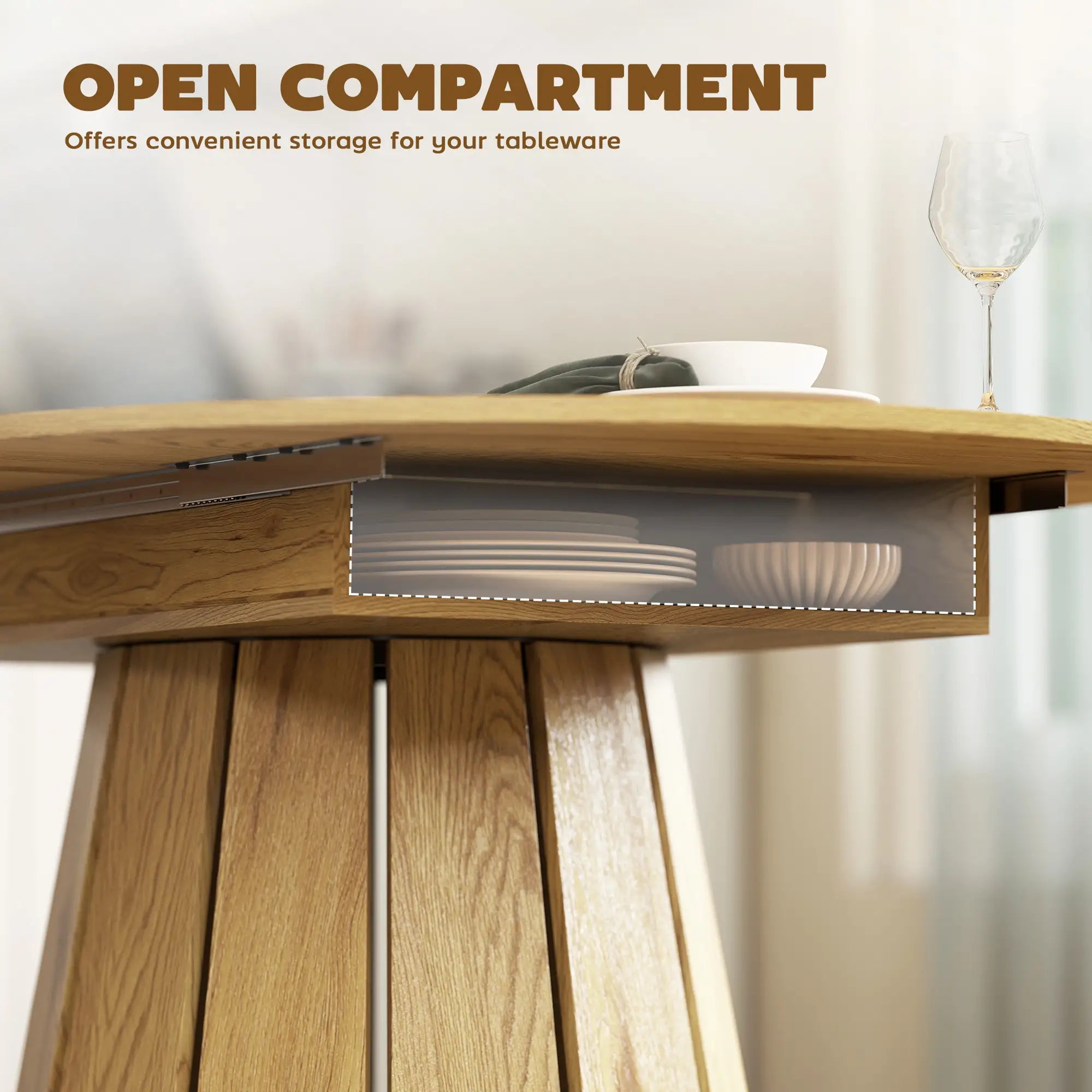 Extendable Round To Oval Dining Table With Storage Shelf, Natural Dining Tables at Gallery Canada