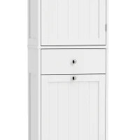 71" Tall Bathroom Storage Cabinet, Narrow with Laundry Basket, White