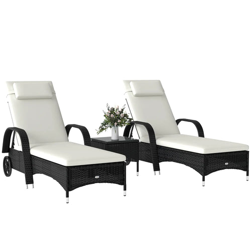 Rattan Lounge Set, Wheeled Chaise Chair, Tempered Glass Table, White
