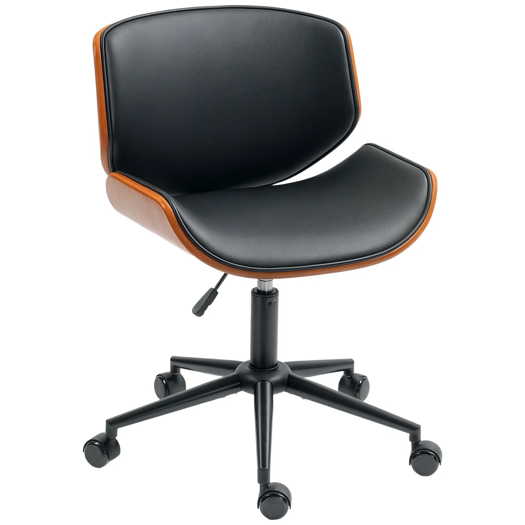 Mid-Century Modern Office Chair, No Arms, Wheels, Small, Bentwood, PU Leather Task Chairs Black, Walnut Brown at Gallery Canada