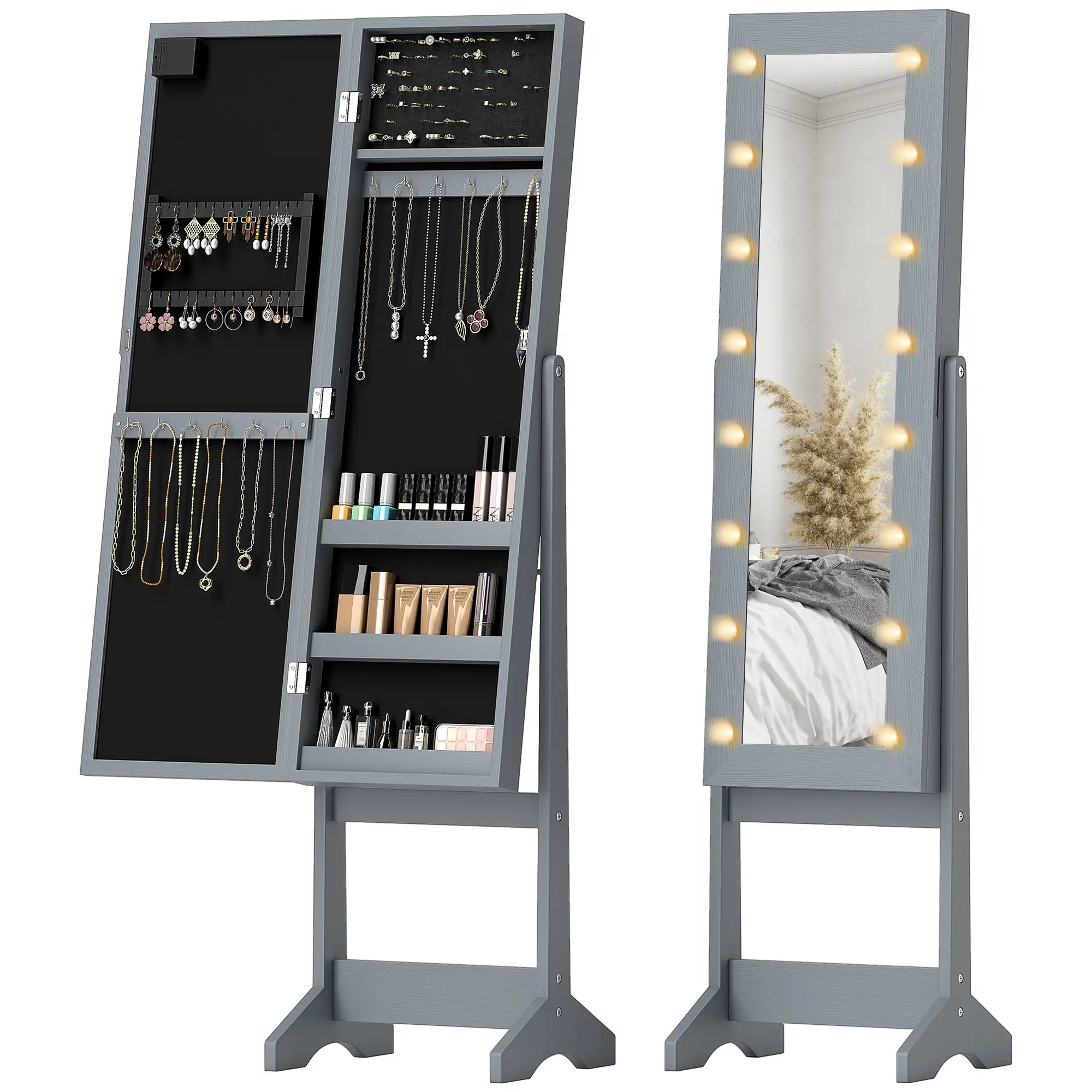 Free Standing Armoire Organizer, Lighted Mirrored Jewelry Cabinet, Grey Jewellery Armoire & Jewellery Mirror Cabinets at Gallery Canada