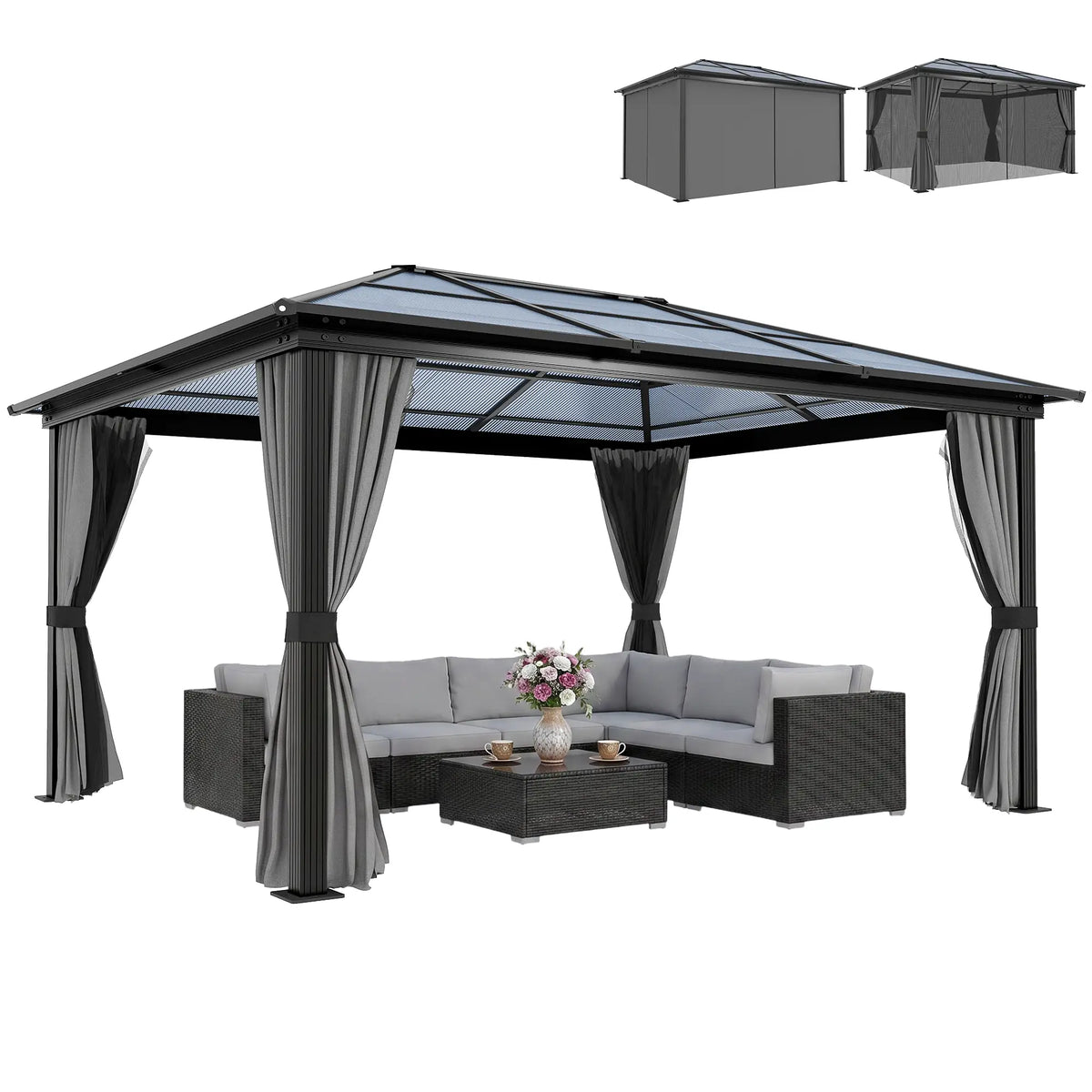 12' x 15' Hardtop Gazebo, Polycarbonate Roof, Aluminum Frame, Dark Grey