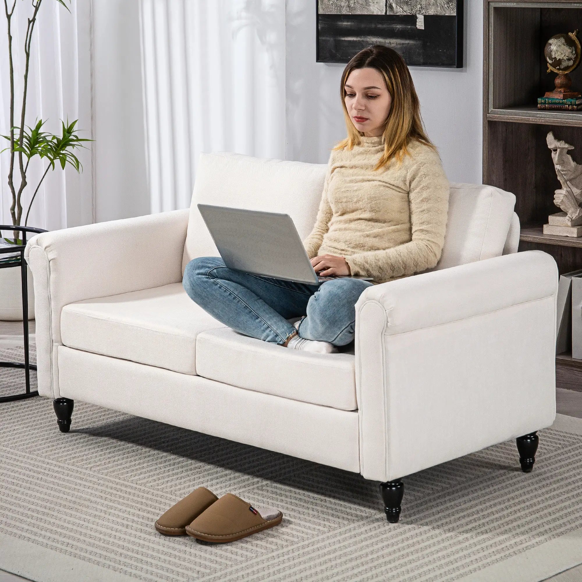 Vintage Loveseat, Chenille Fabric 2 Seater Sofa, Cream White 2-Seater Sofas at Gallery Canada