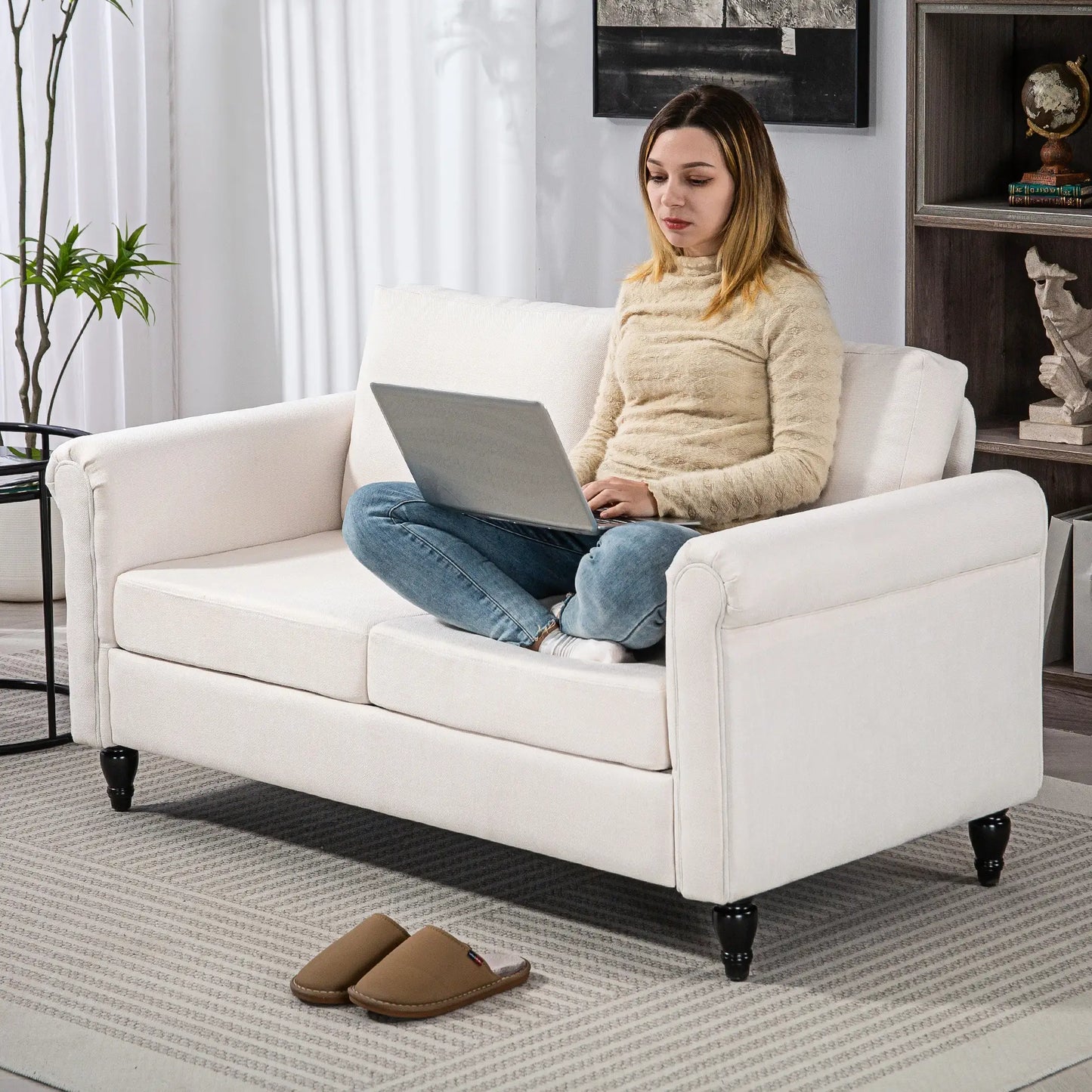 Vintage Loveseat, Chenille Fabric 2 Seater Sofa, Cream White 2-Seater Sofas at Gallery Canada